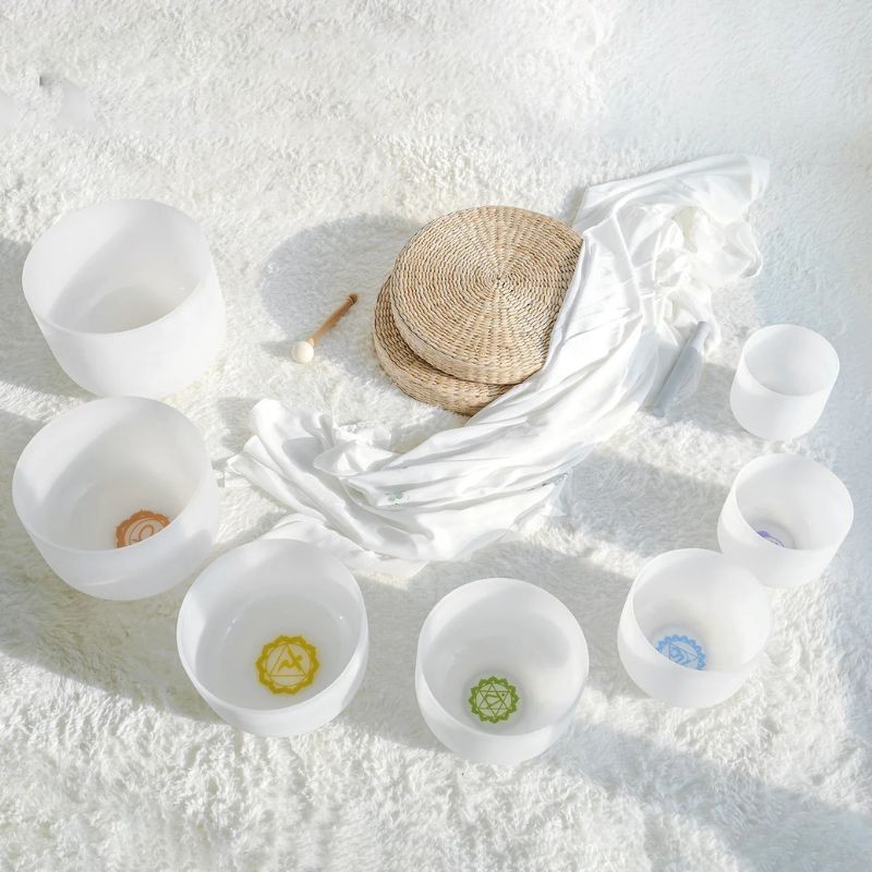 7 Chakras Frosted Quartz Crystal Singing Bowl Set (6-12 Inch) Medium Size